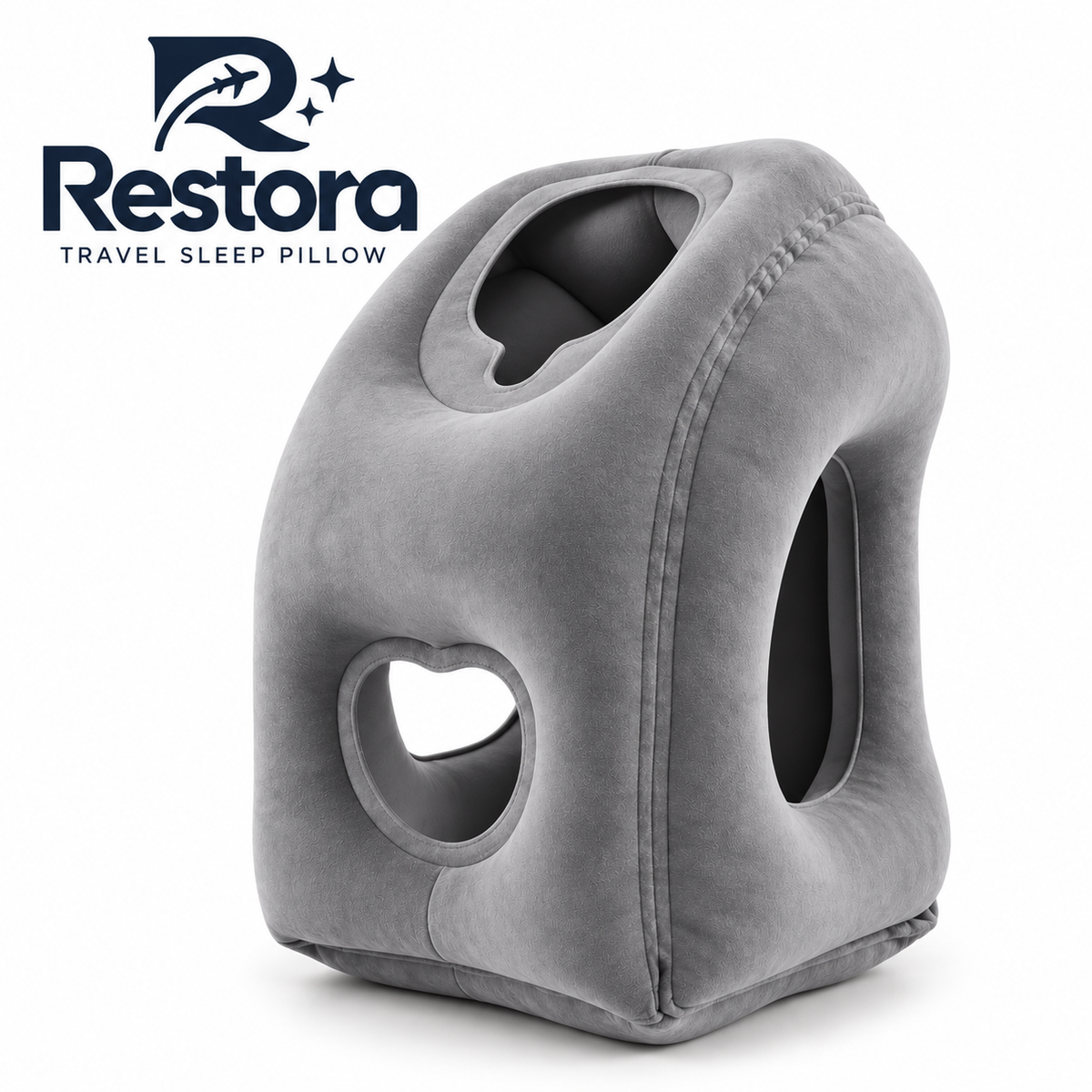 Grey Restora travel sleep pillow, an inflatable forward-rest pillow with a face opening and side arm openings