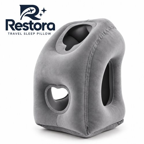 Grey Restora travel sleep pillow, an inflatable forward-rest pillow with a face opening and side arm openings