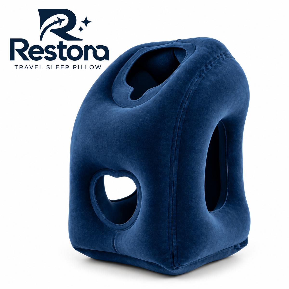 Navy blue Restora travel sleep pillow, an inflatable forward-rest pillow with a face opening and side arm openings