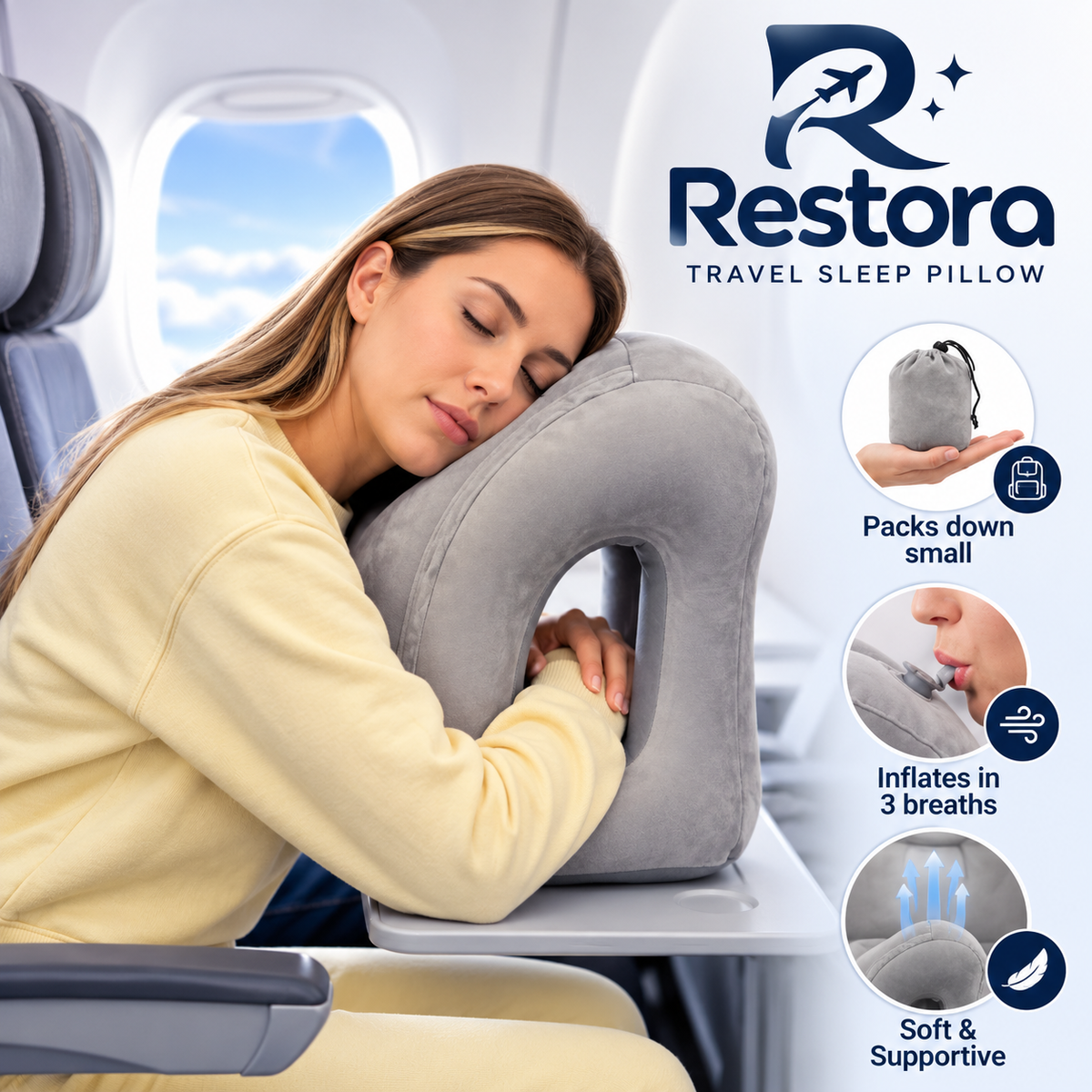 Woman asleep on the grey Restora pillow on an airplane tray table, with insets of the carry pouch and the inflation valve