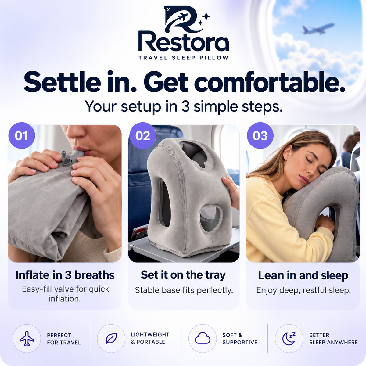 Three-step guide: inflate the Restora pillow through the valve, set it on the tray table, then lean in and sleep
